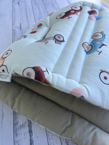 Pre-made Pram Liner Size 1 (SAMPLE SALE) - Vintage Pedal Cars / Taupe Linen