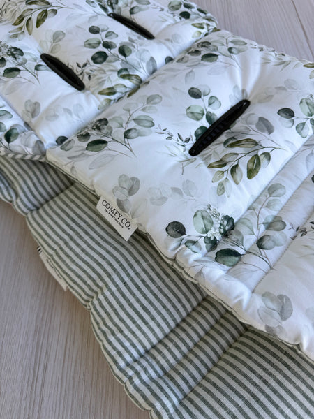 Pre-made Pram Liner (Waterproof) Size 1 - Striped Green & Natural Cotton Linen Blend / Flora