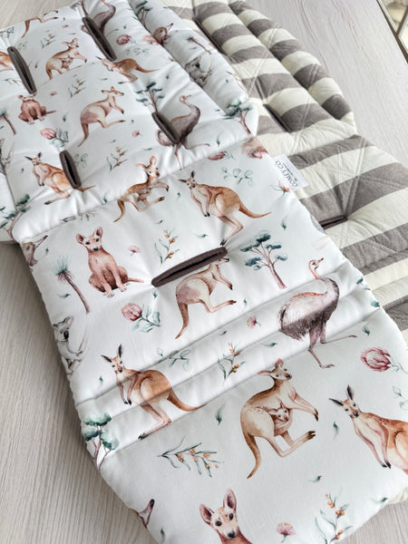 Pre-made Pram Liner Size 2 - Aussie Animals / Quilted Charcoal Stripes