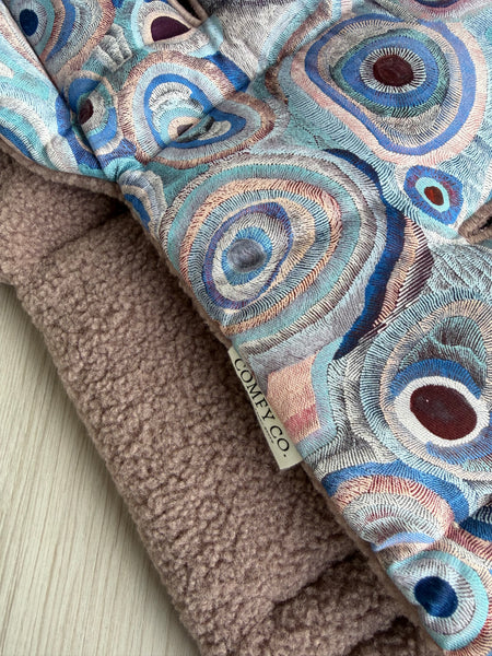 Pre-made Pram Liner - Universal Size - Warlukurlangu Agnes Nampajimpa Brown Ngapa Jukurrpa (Water Dreaming) / Dusty Plum Teddy