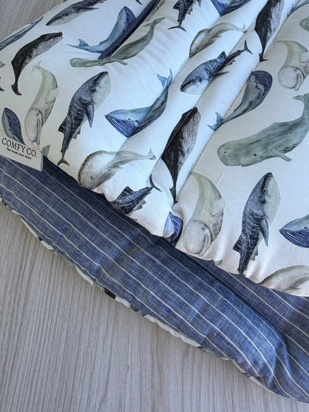 Pre-made Pram Liner (Waterproof) Size 1 - Underwater Animals & Blue Striped Linen