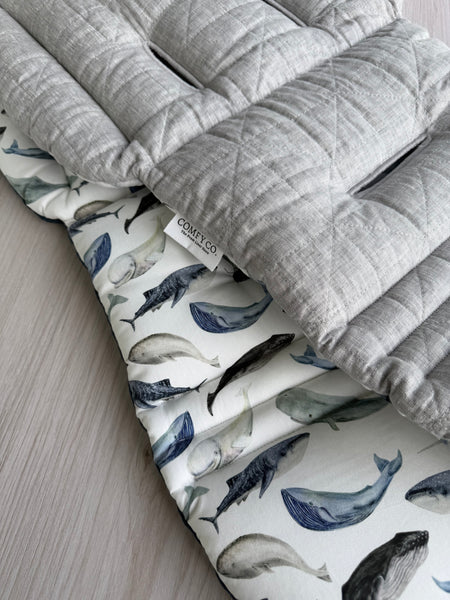 Pre-made Pram Liner Size 1 - Grey Quilted Linen / Sea Animals