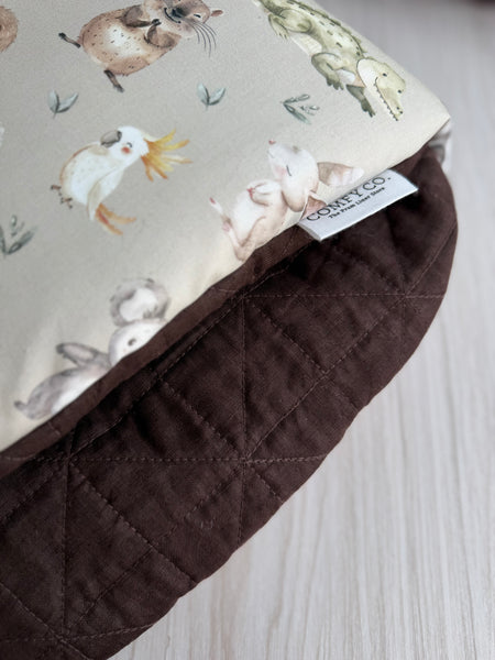 Pre-made Pram Liner (Waterproof) Size 1 - Quilted Chocolate Linen & Sage Aussie Animals