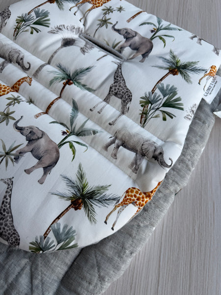 Pre-made Pram Liner Size 2 - Grey Quilted Linen / Safari Palms