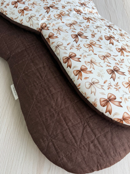 Pre-made Pram Liner (Waterproof) Size 2 - Quilted Chocolate Linen & Chocolate Bows