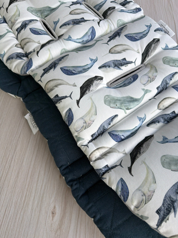 Pre-made Pram Liner Size 1 - Navy Quilted Linen / Sea Animals