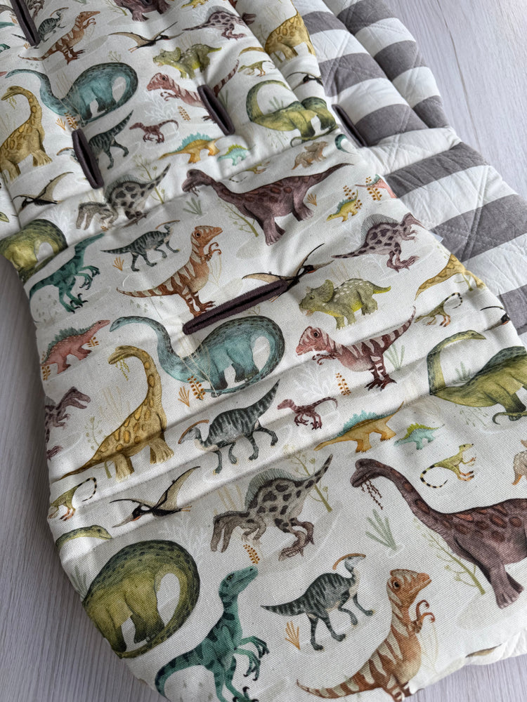 Pre-made Pram Liner Size 2 - Dinosaurs / Quilted Charcoal Stripes