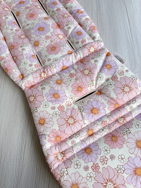 Pre-made Pram Liner Size 2 - Blush Pink Quilted Linen & Pastel Retro Floral