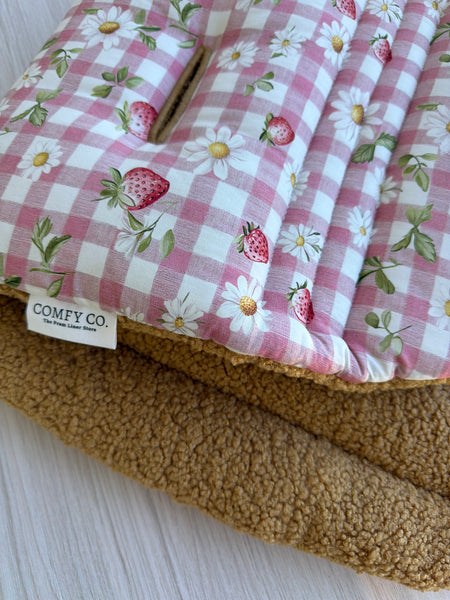 Pre-made Pram Liner - Universal Size - Strawberry Fields & Tan Bear