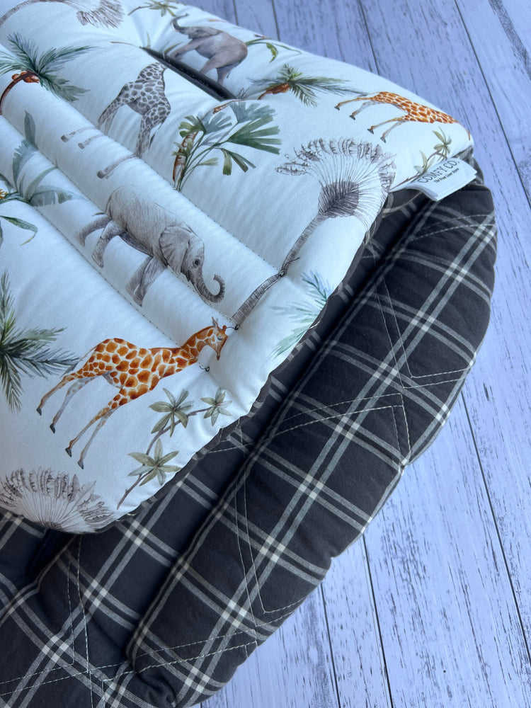 Pre-made Pram Liner Size 2 -  Charcoal Plaid Quilted Cotton / Safari Palms