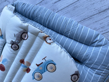 Pre-made Pram Liner Size 1 - Vintage Pedal Cars / Quilted Cotton Baby Blue Stripes