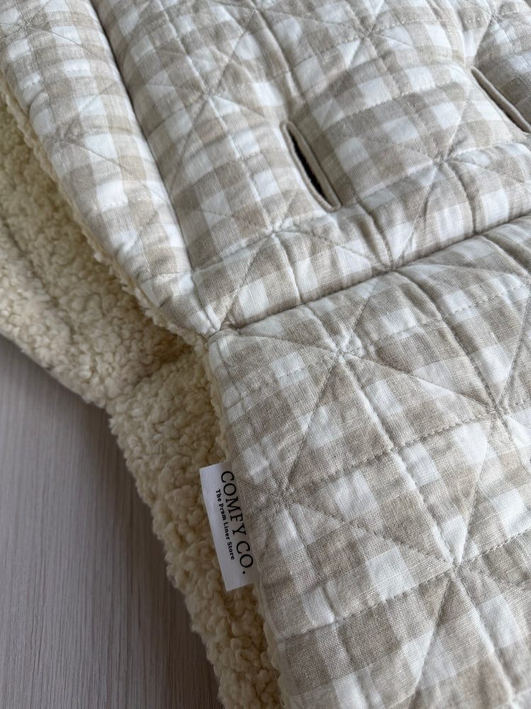 Pre-made Pram Liner Size 2 - 100% Linen Quilted Gingham & Boucle Bear