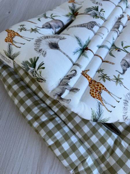 Pre-made Pram Liner Size 2 - khaki Gingham / Safari Palms