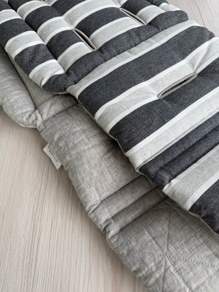 Pre-made Pram Liner Size 1 - Quilted Grey Cotton / Grey Stripes