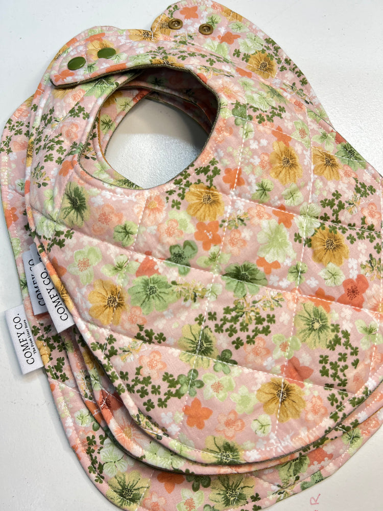 Cotton / Linen Bib - Quilted Apricot & Green Florals